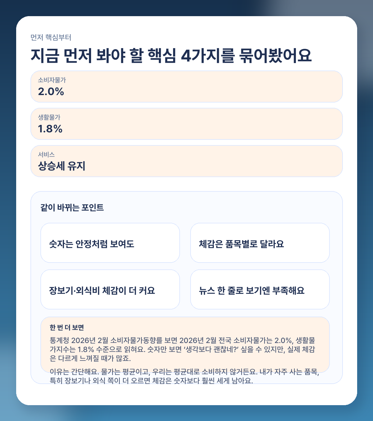 물가 2026년 2월 2.0% 상승, 장보기 체감물가는 왜 다르게 느껴질까 핵심 요약 이미지