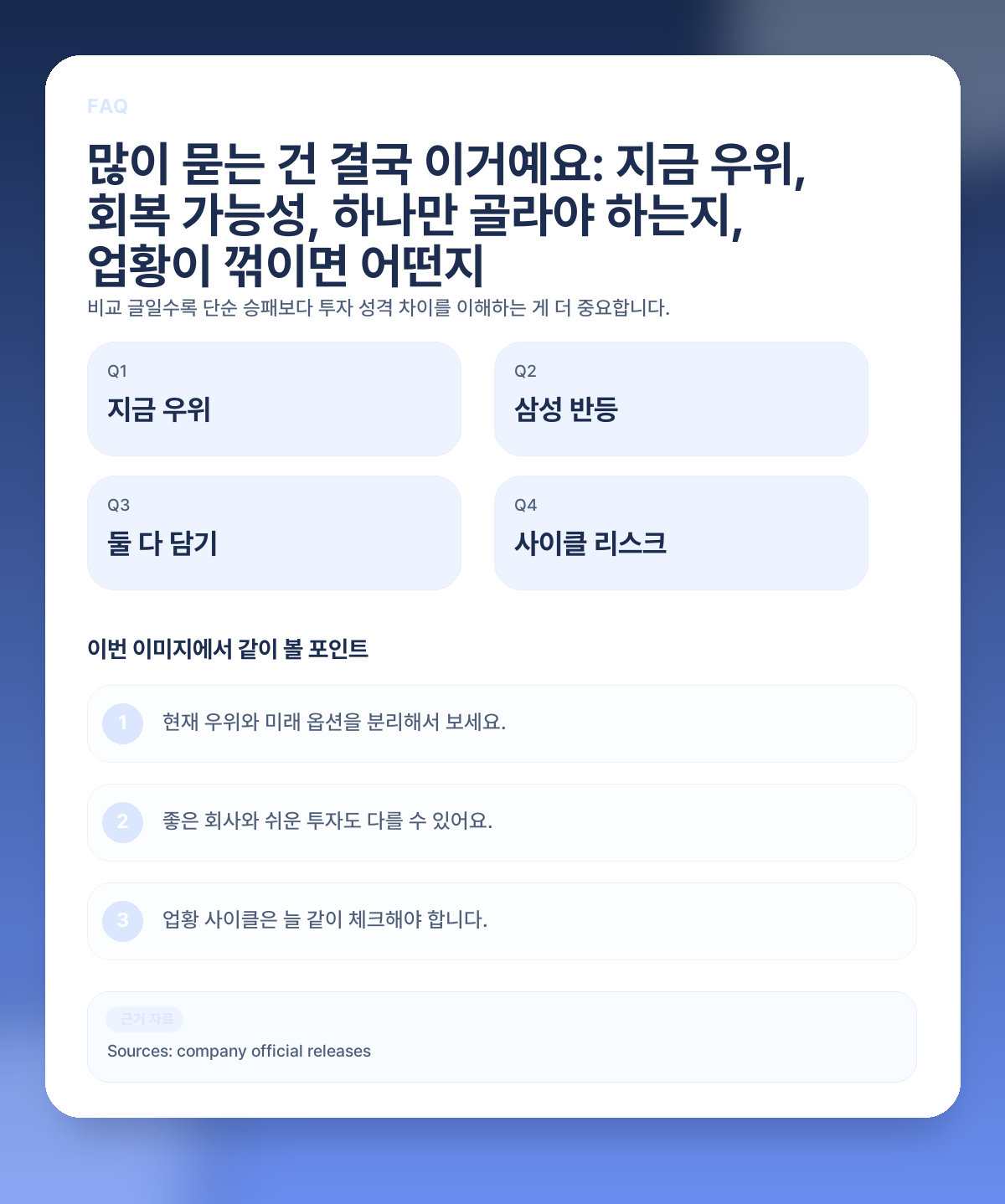 삼성전자 vs SK하이닉스, 지금은 누가 더 유리할까? HBM·메모리·밸류 비교 FAQ