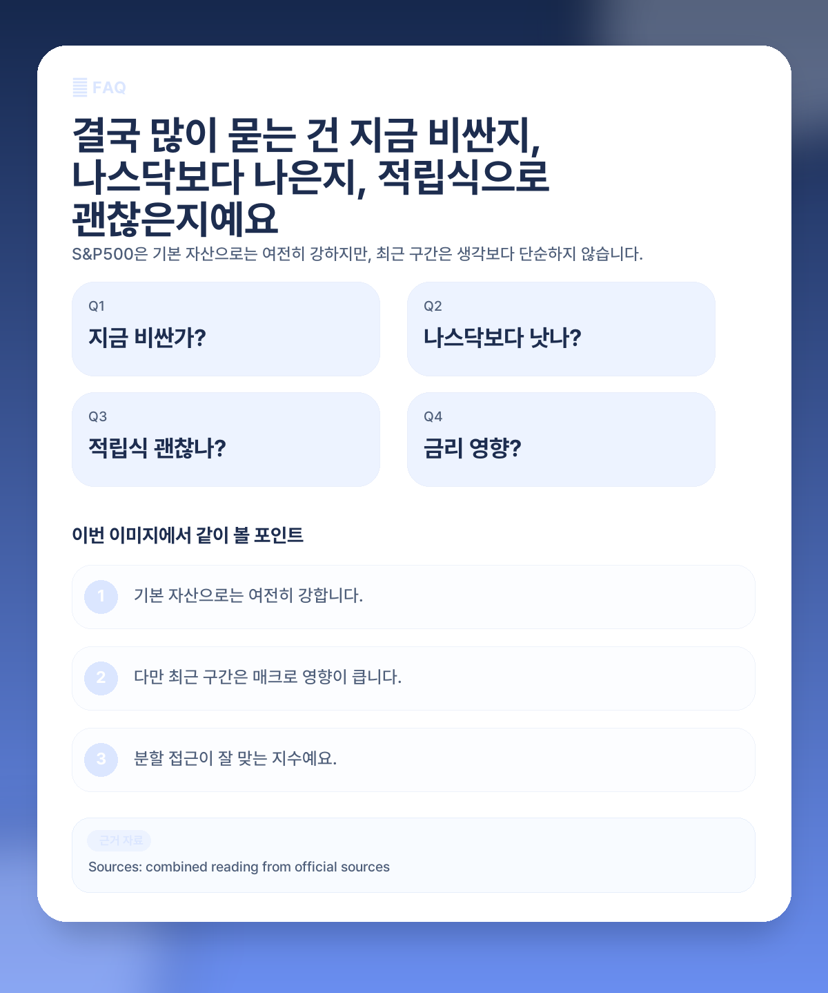 S&P500 지금 들어가도 될까? 금리·실적·AI 쏠림까지 한 번에 정리 FAQ