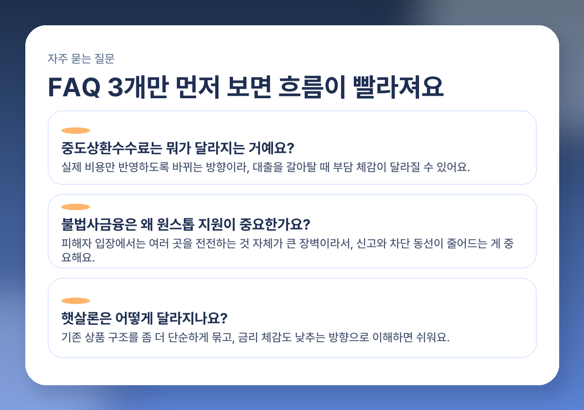 2026 금융제도 뭐가 달라지나? 중도상환수수료·불법사금융·햇살론 핵심 정리 FAQ 이미지