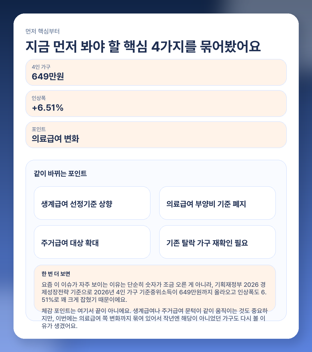 기준중위소득 2026 얼마나 올랐나? 생계급여·의료급여 달라지는 점 쉽게 정리 핵심 요약 이미지