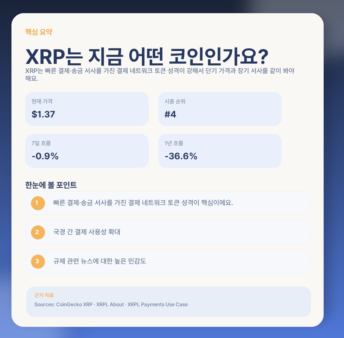 XRP 지금 들어가도 될까? 결제 네트워크·규제 변수·전망 정리 핵심