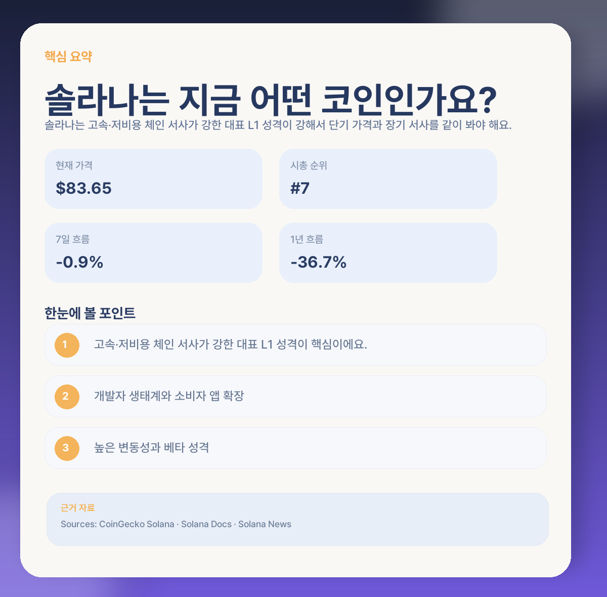 솔라나 지금 들어가도 될까? 속도·생태계·변동성 변수 정리 핵심