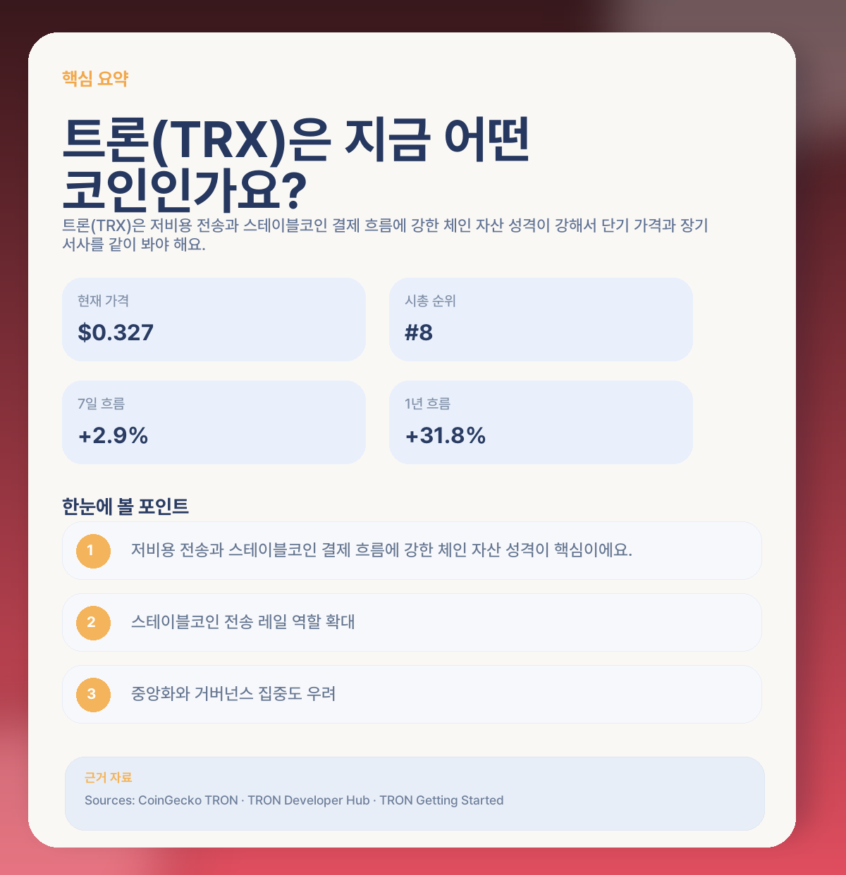 트론(TRX) 지금 들어가도 될까? 스테이블코인 결제축·핵심 변수 정리 핵심