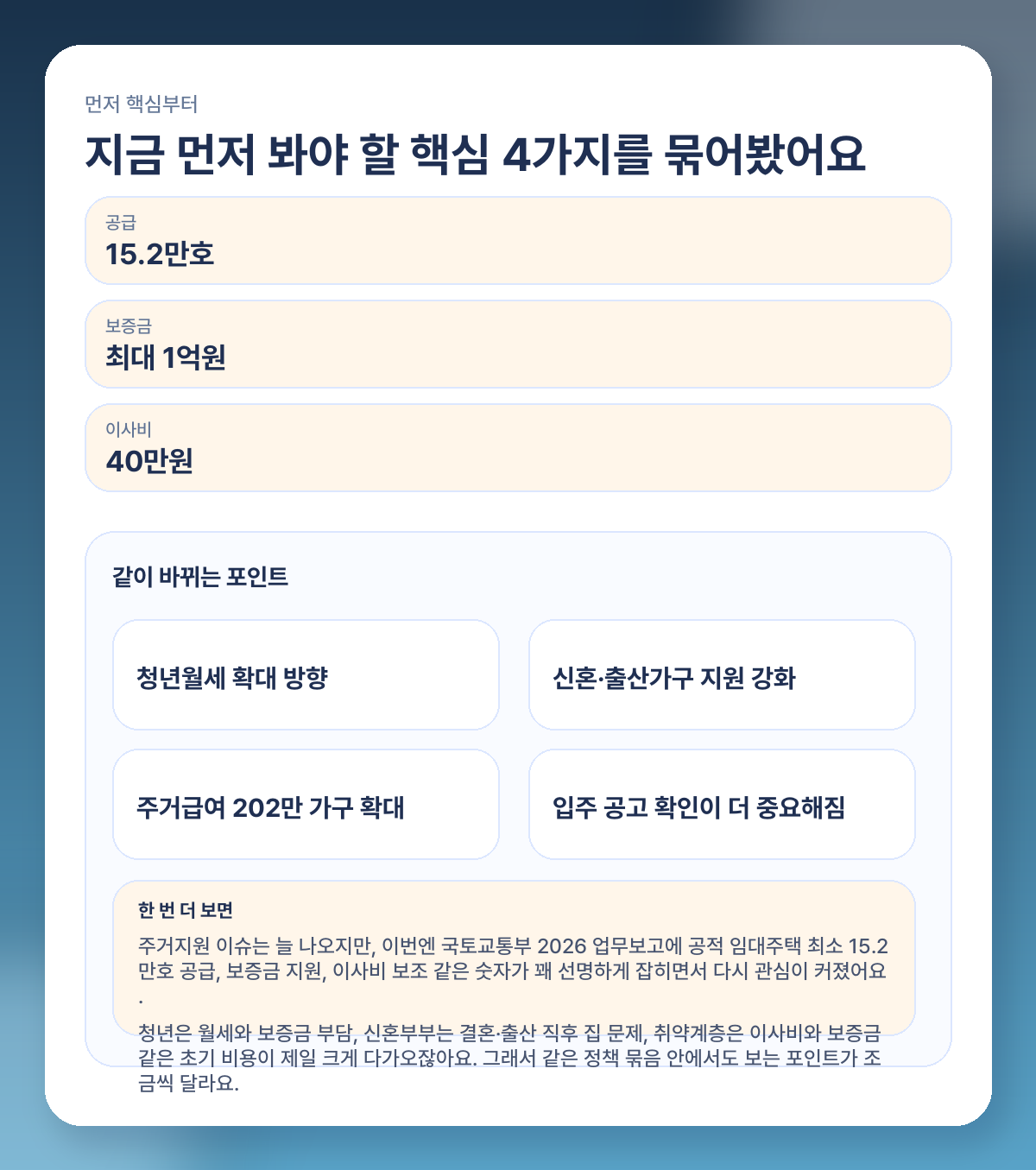 청년·신혼부부 주거지원 2026 뭐가 달라지나? 월세·공공임대·보증금 핵심 정리 핵심 요약 이미지